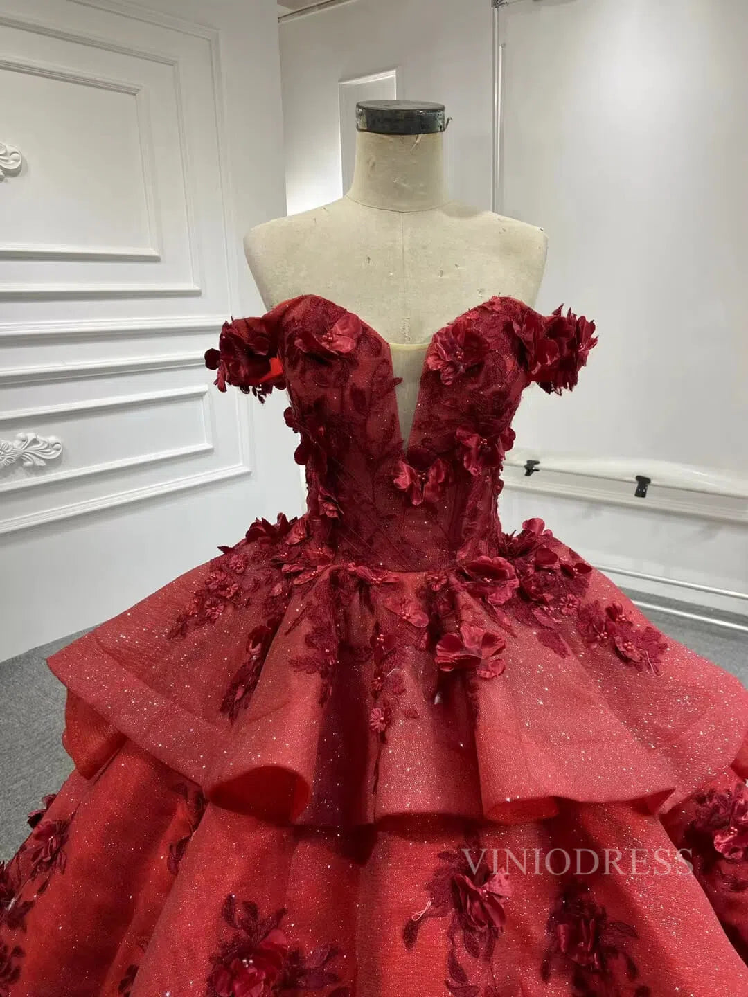 Prom Dress 2025 3D Floral Dark Red Quinceañera Dresses Off the Shoulder Ball Gown viniodress-unique prom dresses-Dark Red-US 2-Viniodress