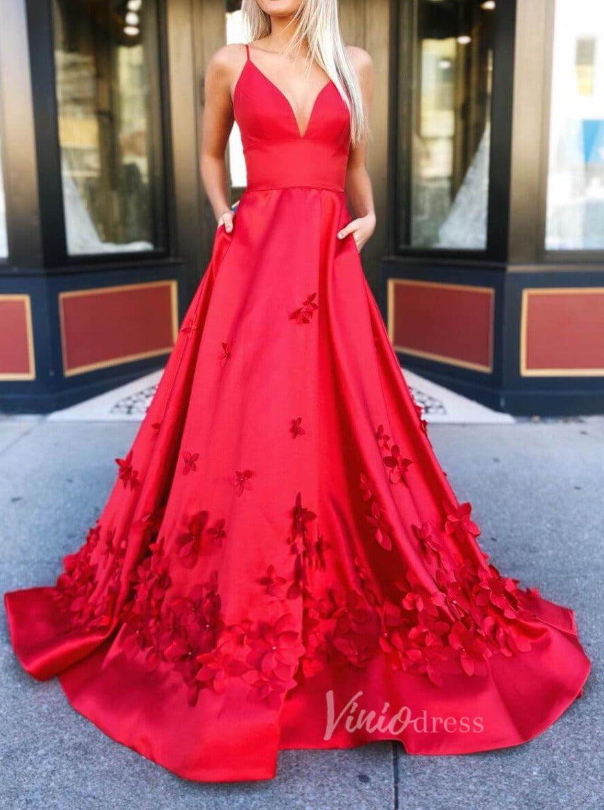 Prom Dress 2025 3D Floral Prom Dresses Hot Pink Satin Formal Gown FD1266-unique prom dresses-Red-US 2-Viniodress