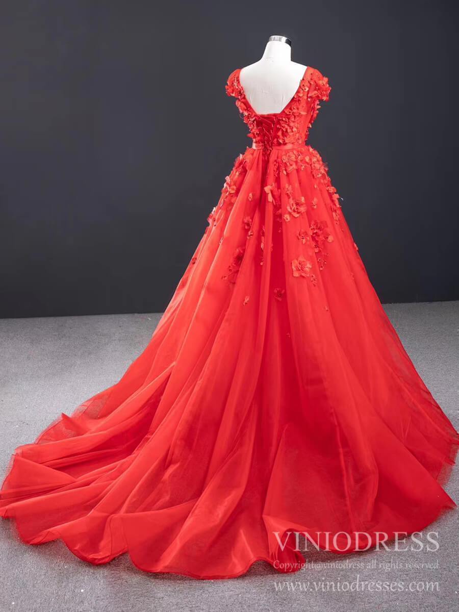 Prom Dress 2025 3D Floral Red Long Prom Dresses Detachable Train Mermaid Formal Dress FD2119-unique prom dresses-Red-Custom Size-Viniodress