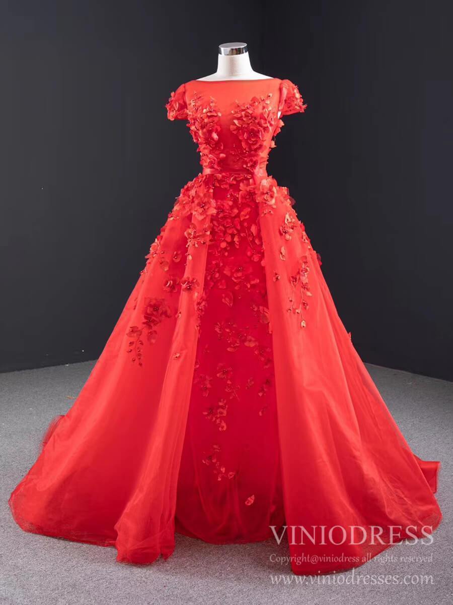 Prom Dress 2025 3D Floral Red Long Prom Dresses Detachable Train Mermaid Formal Dress FD2119-unique prom dresses-Red-Custom Size-Viniodress