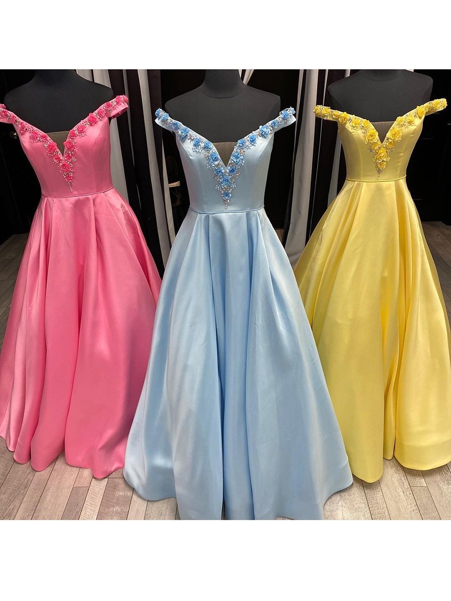 Prom Dress 2025 Cheap 3D Flower Satin Long Prom Dresses with Pockets FD2531-unique prom dresses-Light Blue-Custom Size-Viniodress