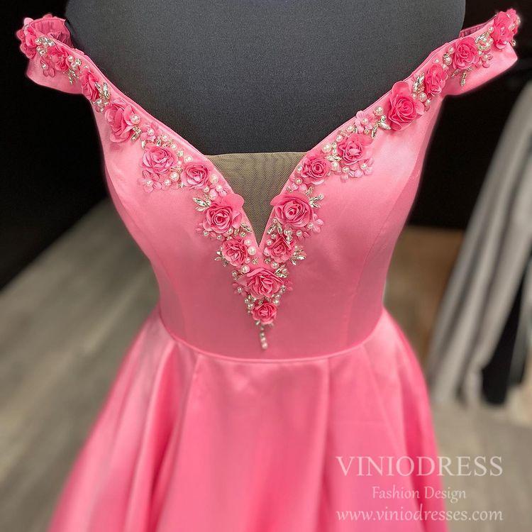 Prom Dress 2025 Cheap 3D Flower Satin Long Prom Dresses with Pockets FD2531-unique prom dresses-Pink-Custom Size-Viniodress