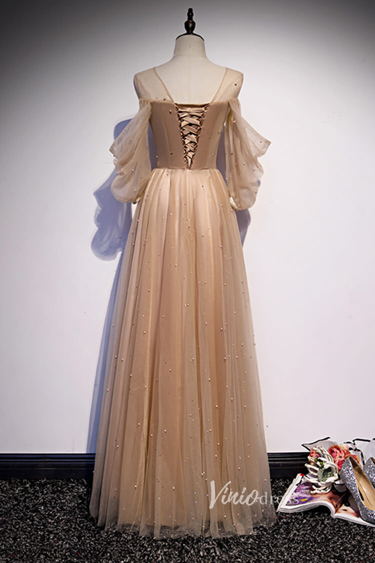 Prom Dress 2025 A-line Nude Brown Long Prom Dresses with Sleeves FD2635-unique prom dresses-Nude-Custom Size-Viniodress