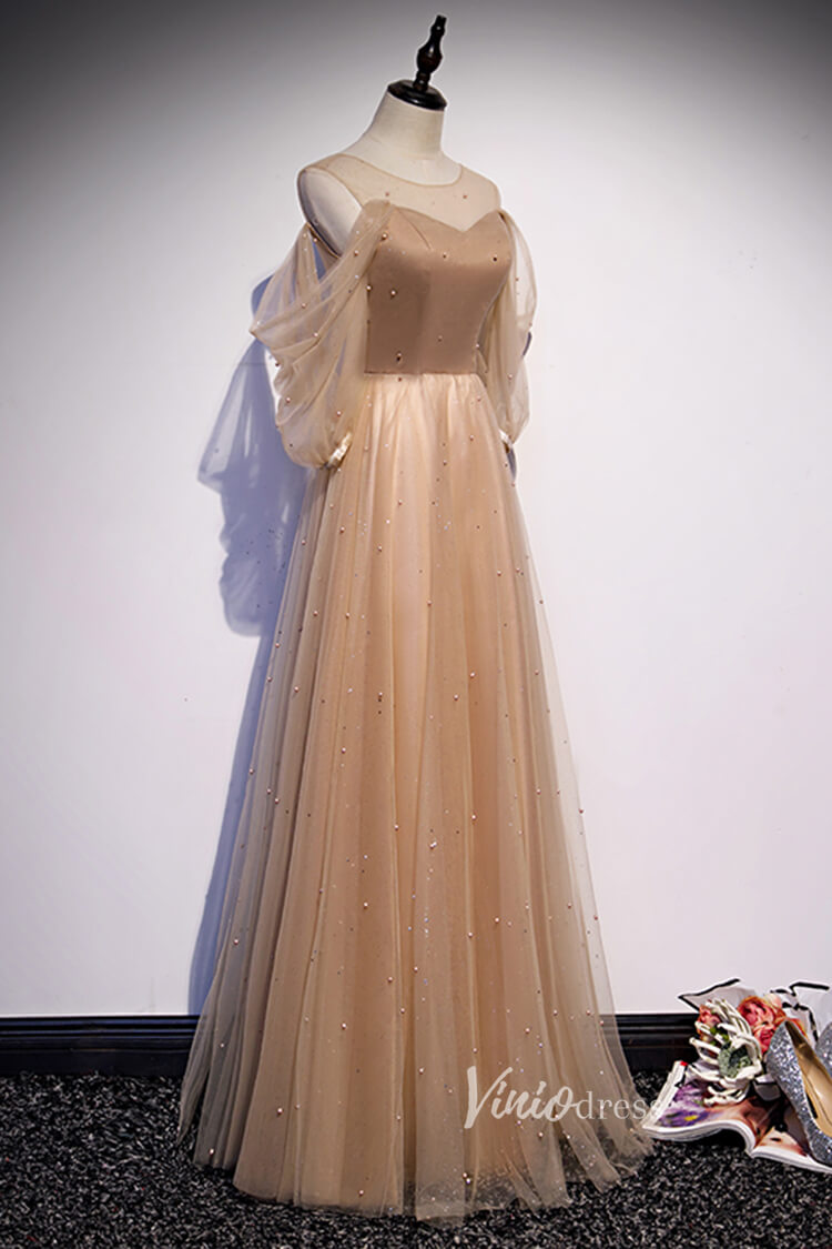 Prom Dress 2025 A-line Nude Brown Long Prom Dresses with Sleeves FD2635-unique prom dresses-Nude-Custom Size-Viniodress