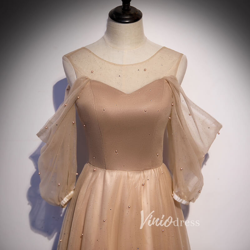 Prom Dress 2025 A-line Nude Brown Long Prom Dresses with Sleeves FD2635-unique prom dresses-Nude-Custom Size-Viniodress