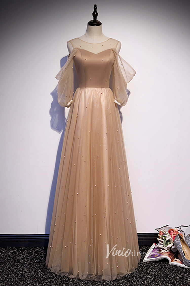 Prom Dress 2025 A-line Nude Brown Long Prom Dresses with Sleeves FD2635-unique prom dresses-Nude-Custom Size-Viniodress