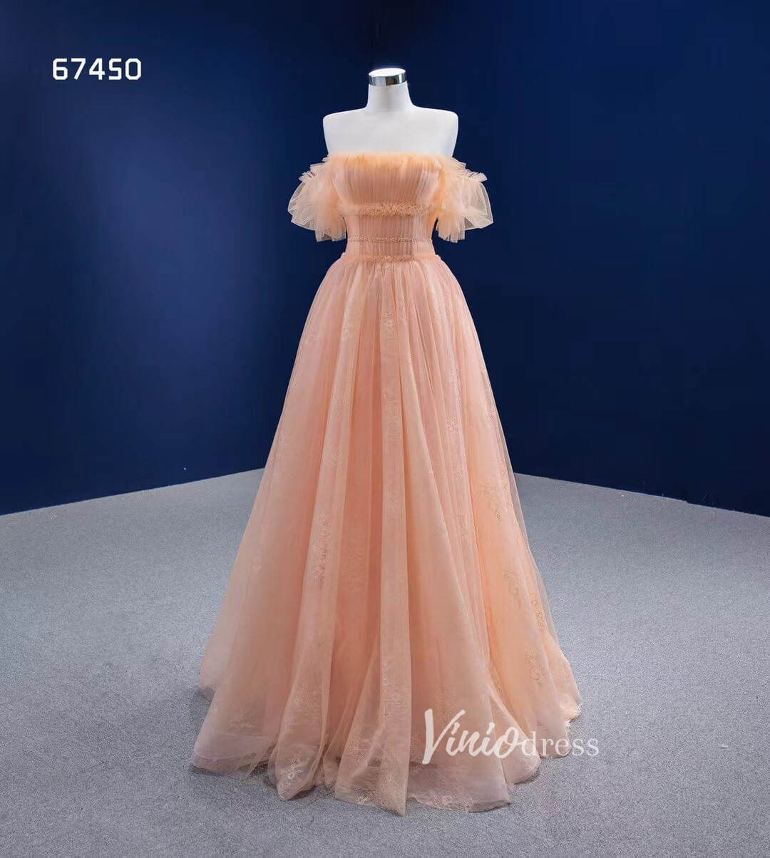 Prom Dress 2025 A-line Peach Tulle Prom Dresses Off the Shoulder Long Formal Dress 67450-unique prom dresses-Peach-Custom Size-Viniodress