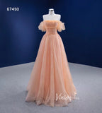 Prom Dress 2025 A-line Peach Tulle Prom Dresses Off the Shoulder Long Formal Dress 67450-unique prom dresses-Peach-Custom Size-Viniodress