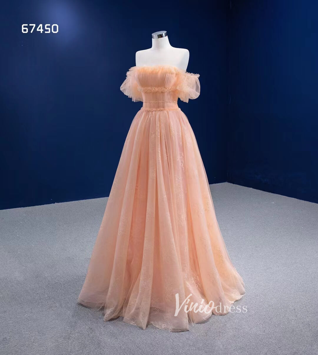 Prom Dress 2025 A-line Peach Tulle Prom Dresses Off the Shoulder Long Formal Dress 67450-unique prom dresses-Peach-Custom Size-Viniodress