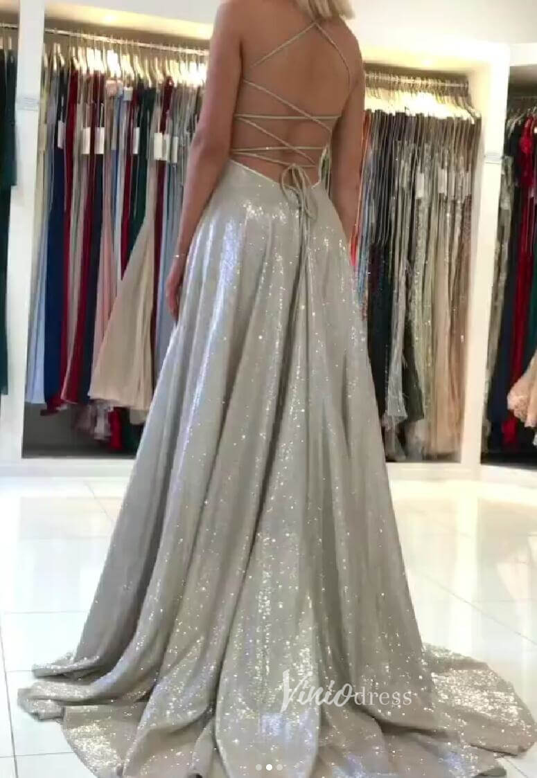 Prom Dress 2025 A-line Sparkly Grey Prom Dresses Spaghetti Strap V-neck FD1780C-unique prom dresses-Grey-Custom Size-Viniodress