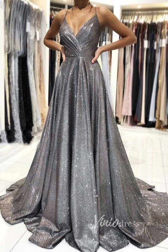 Prom Dress 2025 A-line Sparkly Grey Prom Dresses Spaghetti Strap V-neck FD1780C-unique prom dresses-Grey-Custom Size-Viniodress