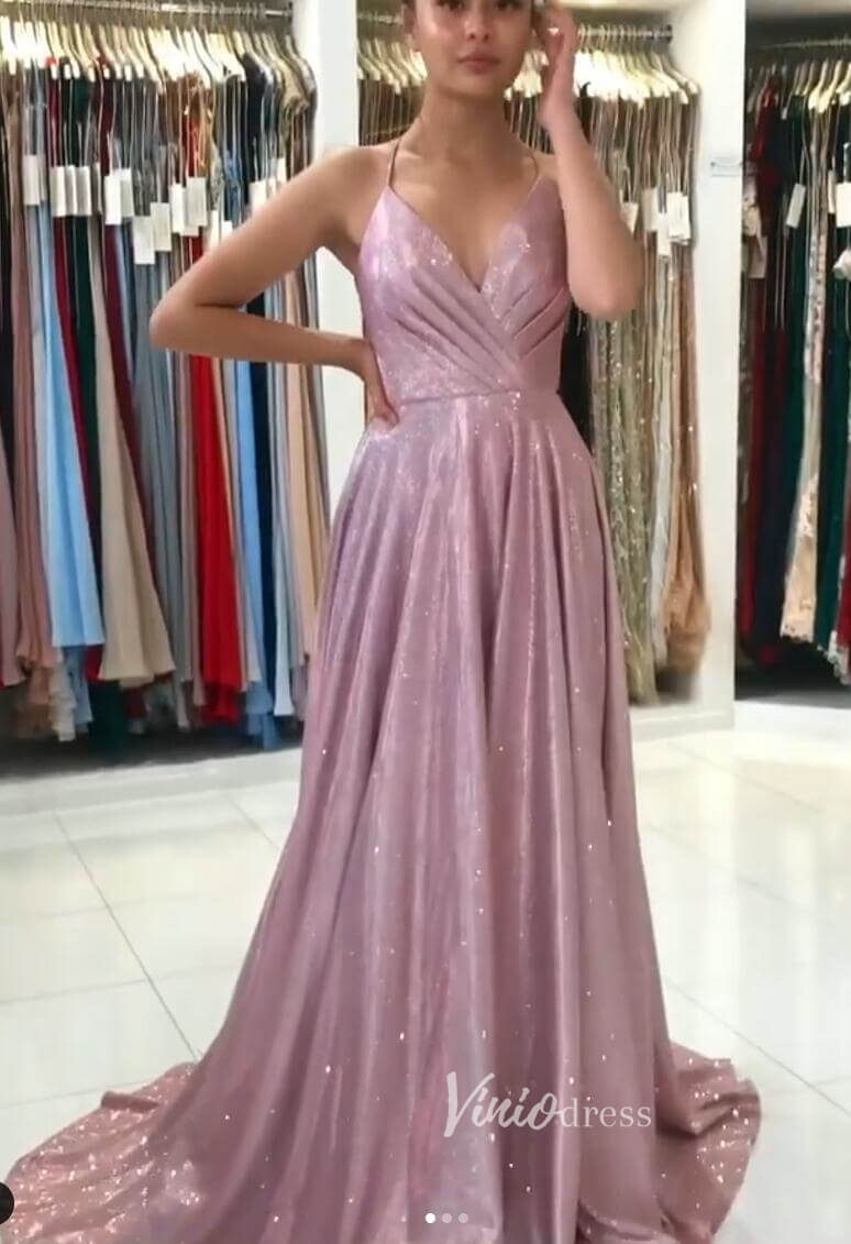 Prom Dress 2025 A-line Sparkly Grey Prom Dresses Spaghetti Strap V-neck FD1780C-unique prom dresses-Pink-Custom Size-Viniodress