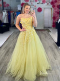 Prom Dress 2025 A-line Tulle Prom Dresses Spaghetti Strap Floral Ball Gowns FD3694b-unique prom dresses-Yellow-Custom Size-Viniodress