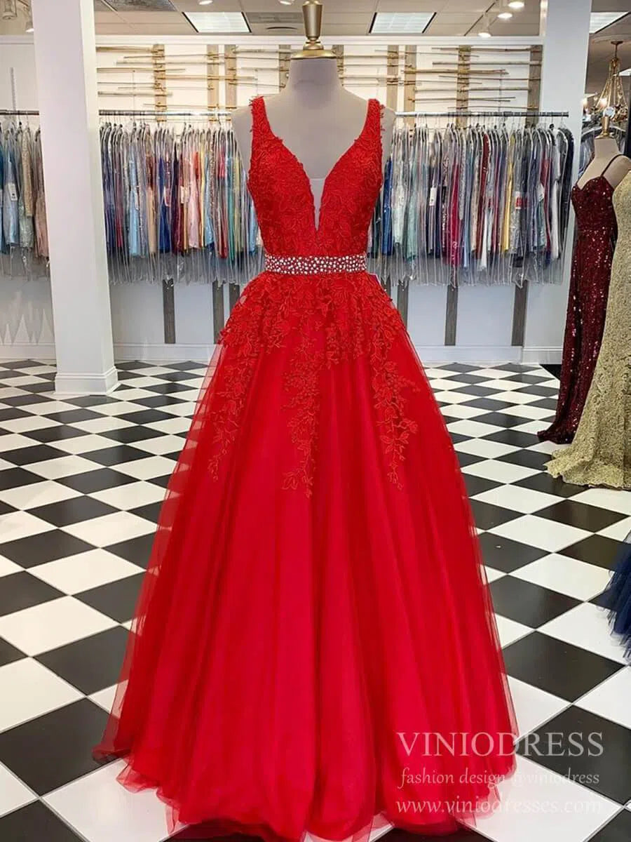 Prom Dress 2025 A-line V-neck Black Lace Prom Dresses Backless FD1265V-unique prom dresses-Red-Custom Size-Viniodress