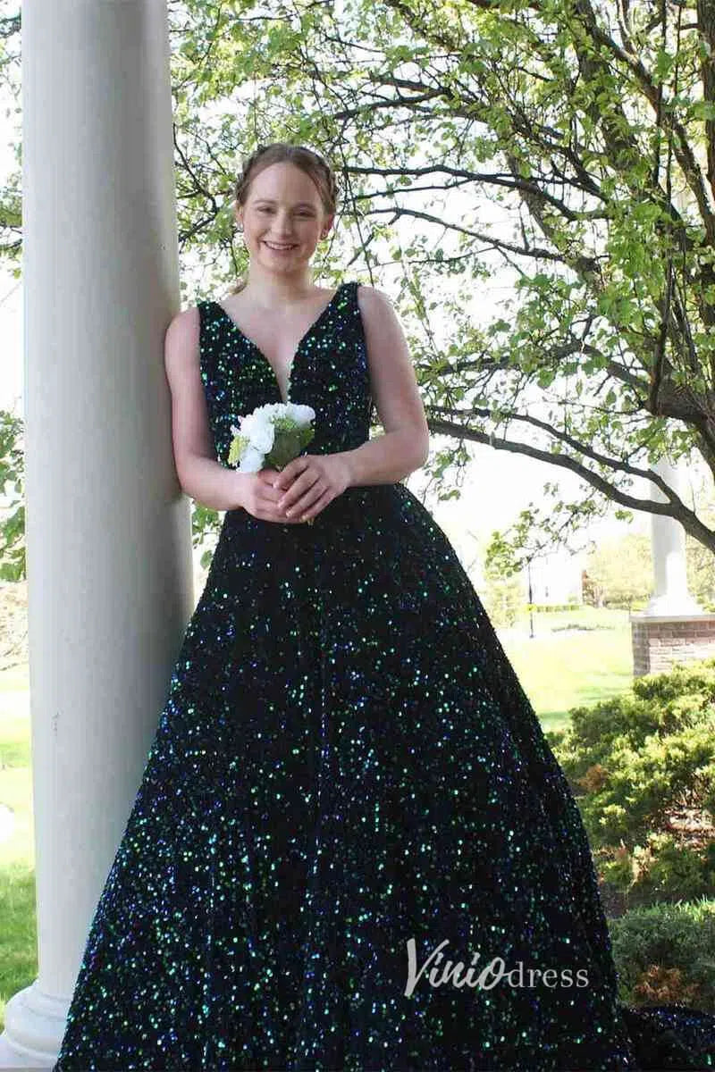 Prom Dress 2025 A-line V-neck Sequin Prom Dresses Long with Pockets FD2520 A-line, V-neck-unique prom dresses-Green-Custom Size-Viniodress