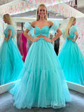 Prom Dress 2025 Aqua Two Piece Tulle Prom Dresses Crossed Pleated Bodice Puffed Sleeve FD4036-unique prom dresses-Aqua-Custom Size-Viniodress