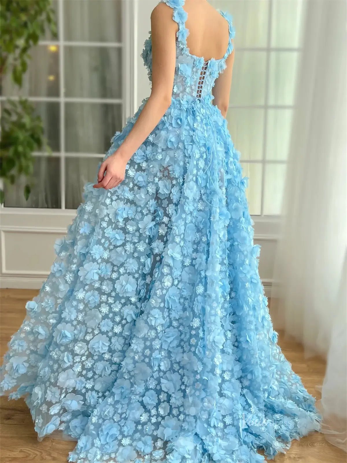 Baby Blue 3D Flower Prom Dresses with Pockets Floral Gown with Slit TO016 - Viniodressprom dressesBlueCustom Size - Formal Dresses - Ball Gowns