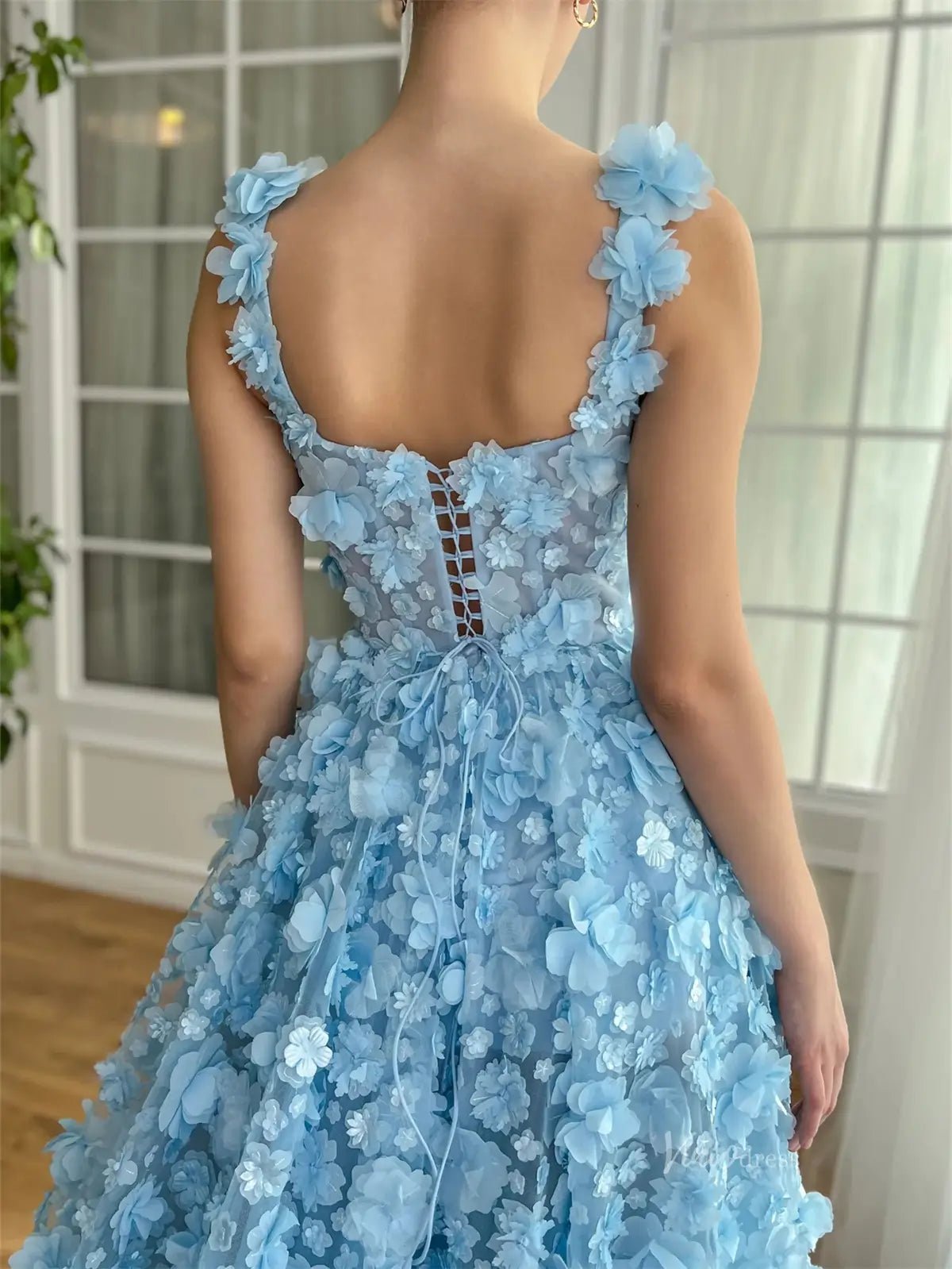 Baby Blue 3D Flower Prom Dresses with Pockets Floral Gown with Slit TO016 - Viniodressprom dressesBlueCustom Size - Formal Dresses - Ball Gowns