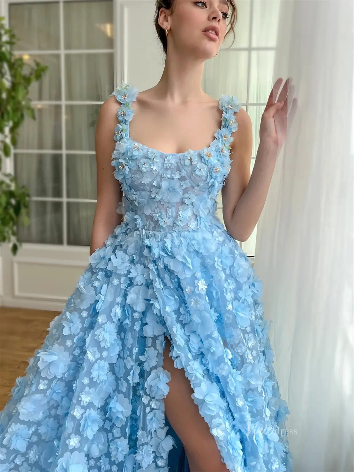 Baby Blue 3D Flower Prom Dresses with Pockets Floral Gown with Slit TO016 - Viniodressprom dressesBlueCustom Size - Formal Dresses - Ball Gowns