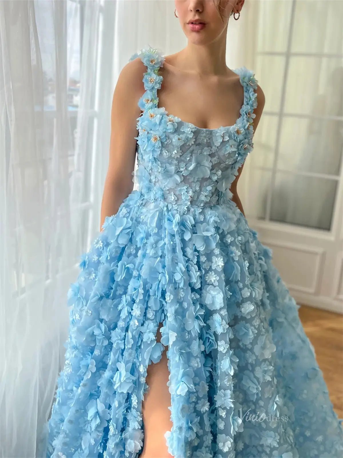 Baby Blue 3D Flower Prom Dresses with Pockets Floral Gown with Slit TO016 - Viniodressprom dressesBlueCustom Size - Formal Dresses - Ball Gowns