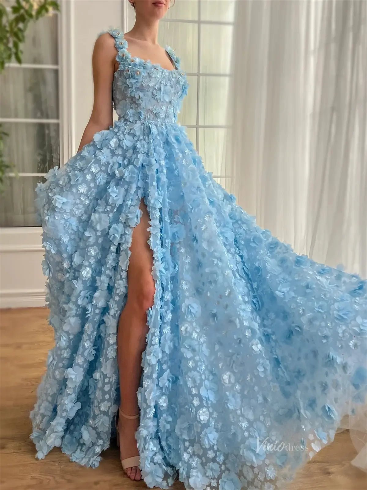 Baby Blue 3D Flower Prom Dresses with Pockets Floral Gown with Slit TO016 - Viniodressprom dressesBlueCustom Size - Formal Dresses - Ball Gowns