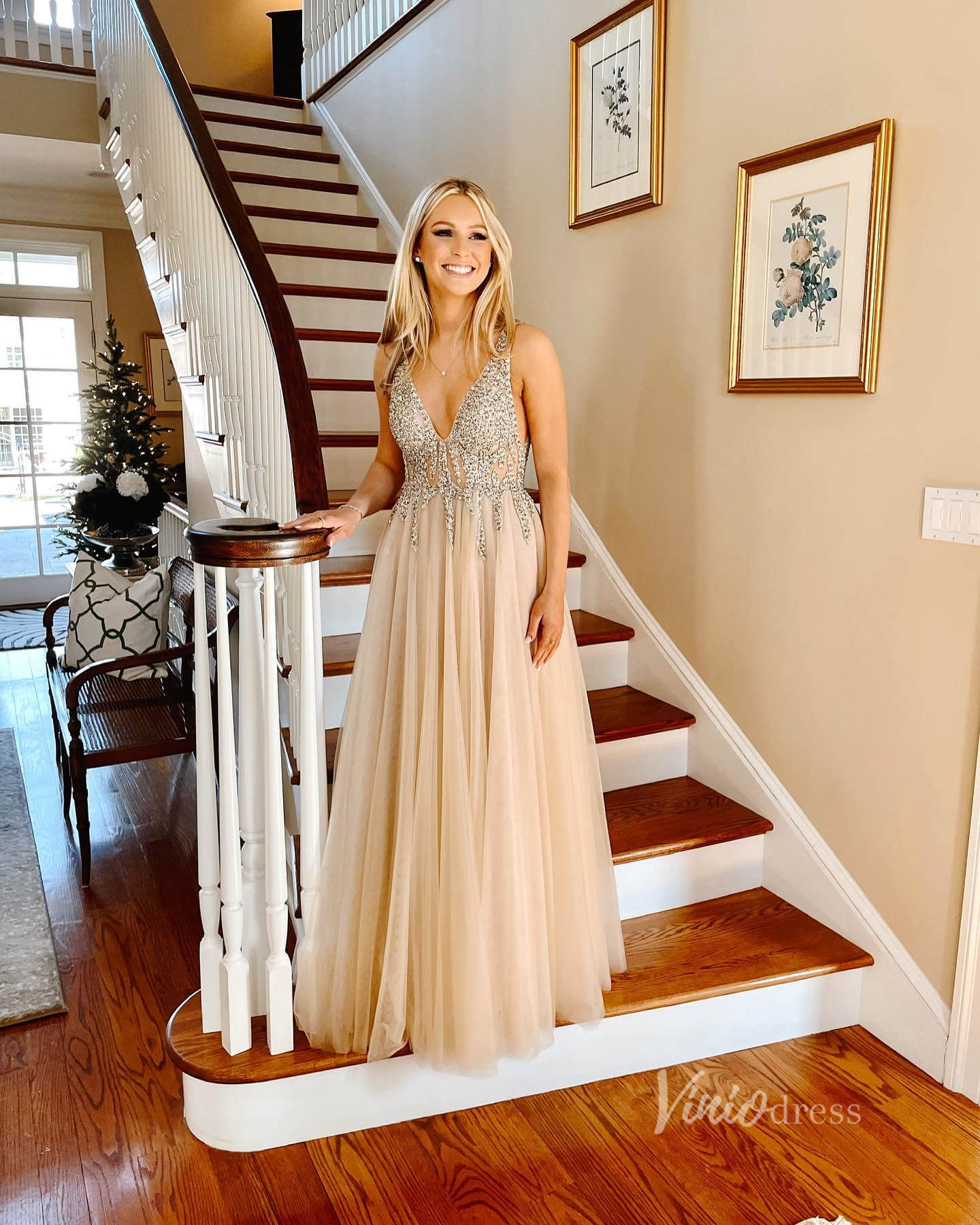 Prom Dress 2025 Backless Champagne A-line Prom Dresses Beaded V-neck Tulle Gown FD1293B-unique prom dresses-Champagne-Custom Size-Viniodress