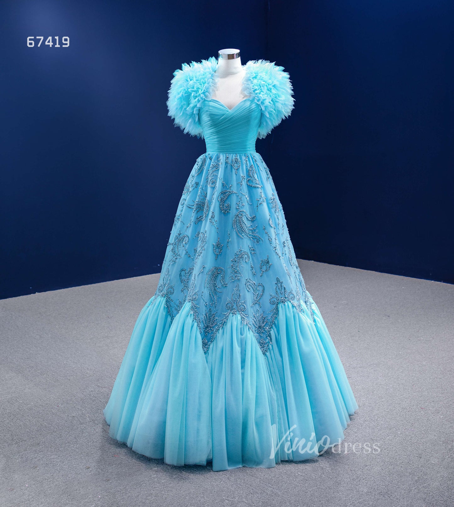 Prom Dress 2025 Beaded Aqua Blue Pageant Gown Ruffled Tulle Prom Dress 2022 67419-unique prom dresses-Aqua-Custom Size-Viniodress