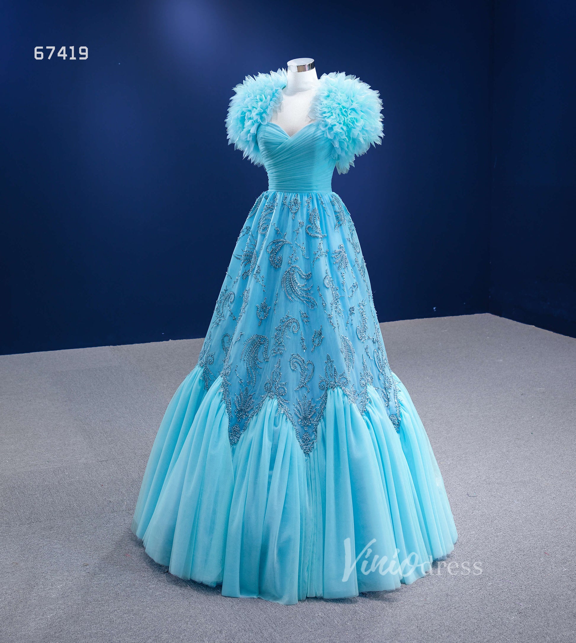 Prom Dress 2025 Beaded Aqua Blue Pageant Gown Ruffled Tulle Prom Dress 2022 67419-unique prom dresses-Aqua-Custom Size-Viniodress