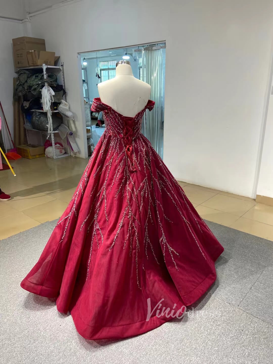 Prom Dress 2025 Beaded Burgundy Tulle Prom Dress Off the Shoulder 67395B viniodress-unique prom dresses-Dark Red-Custom Size-Viniodress