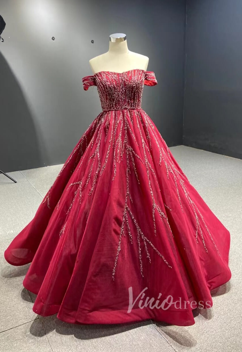 Prom Dress 2025 Beaded Burgundy Tulle Prom Dress Off the Shoulder 67395B viniodress-unique prom dresses-Dark Red-Custom Size-Viniodress