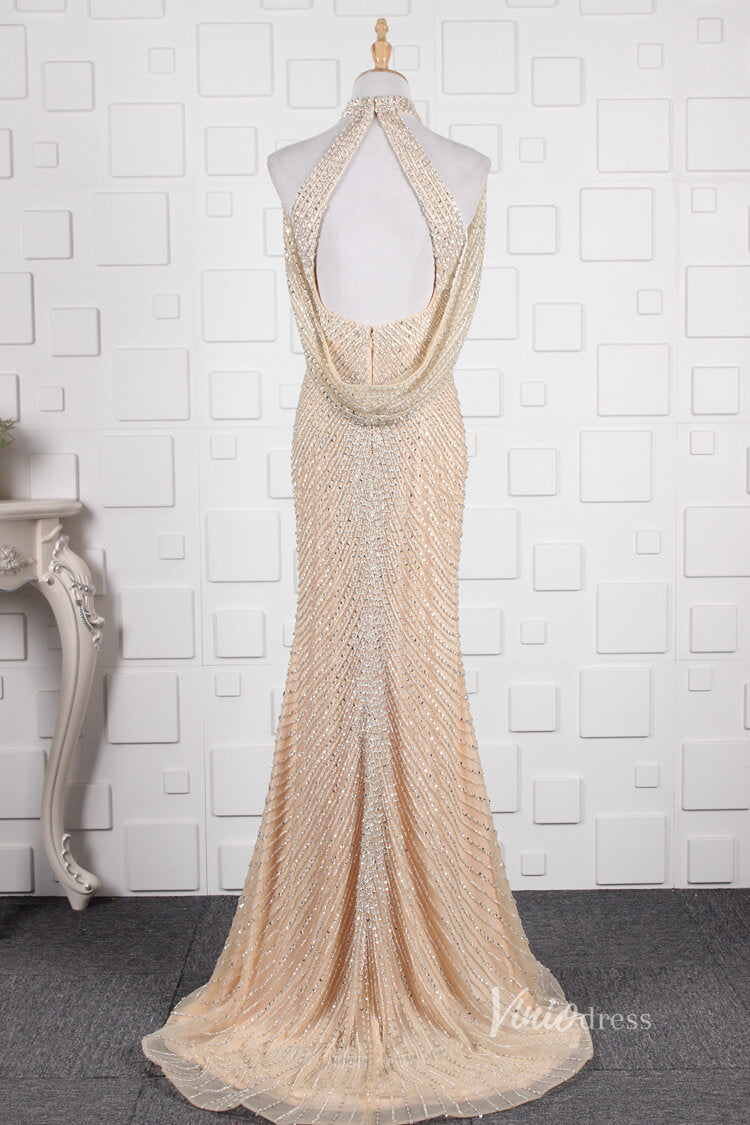 Prom Dress 2025 Beaded Halter Evening Dress Cold Shoulder Vintage Prom Dresses with slit FD2804-unique prom dresses-Champagne-US 2-Viniodress