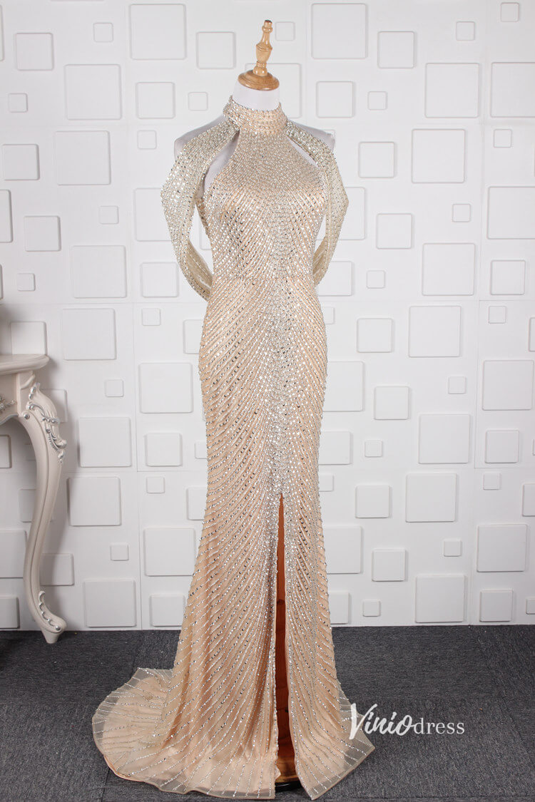 Prom Dress 2025 Beaded Halter Evening Dress Cold Shoulder Vintage Prom Dresses with slit FD2804-unique prom dresses-Champagne-US 2-Viniodress