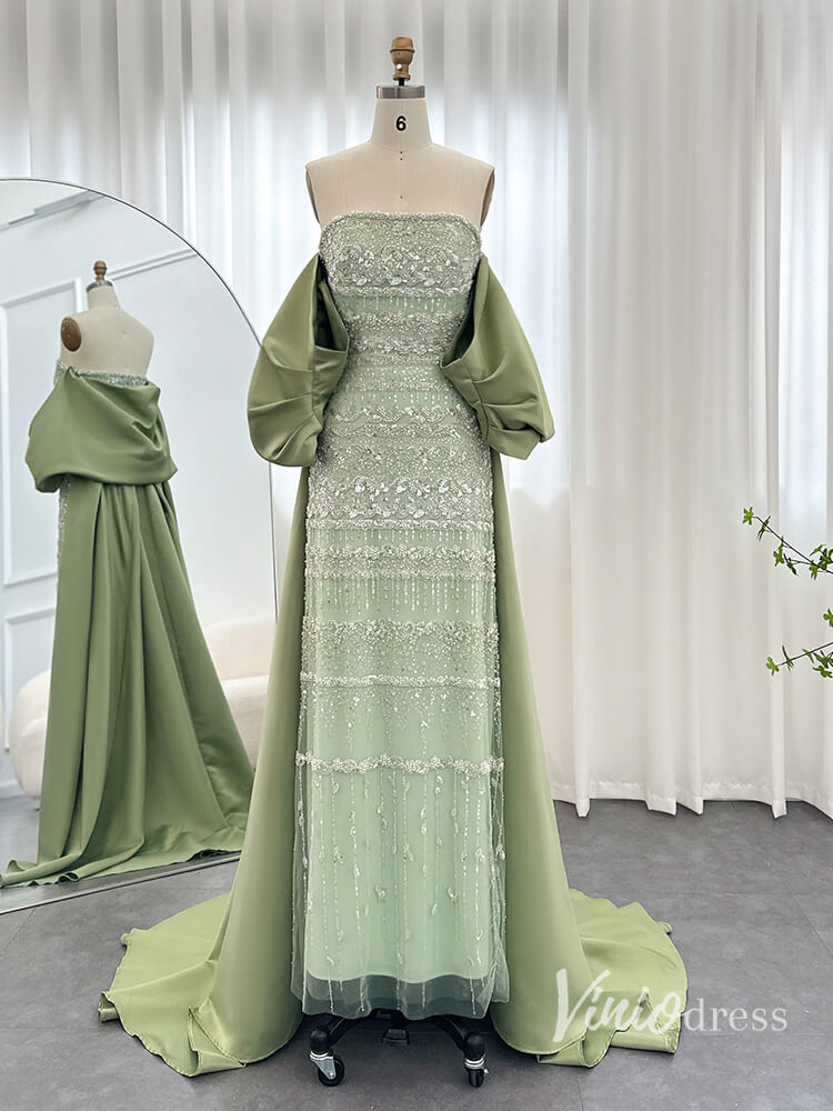 Prom Dress 2025 Beaded Off the Shoulder Evening Dresses Satin Train Mother of the Bride Dress AD1153-unique prom dresses-Light Green-US 2-Viniodress