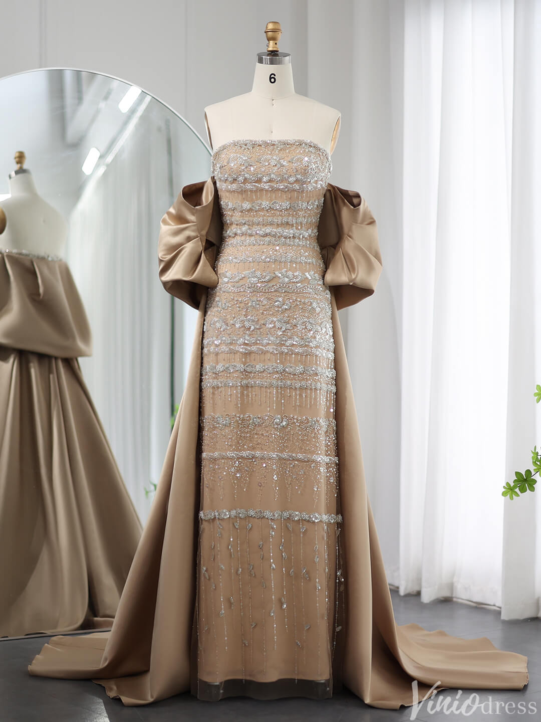 Prom Dress 2025 Beaded Off the Shoulder Evening Dresses Satin Train Mother of the Bride Dress AD1153-unique prom dresses-Taupe-US 2-Viniodress