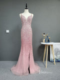 Prom Dress 2025 Beaded Pink Sheath Prom Dress with Slit V-neck Long Evening Dress FD2785-unique prom dresses-Pink-US 2-Viniodress