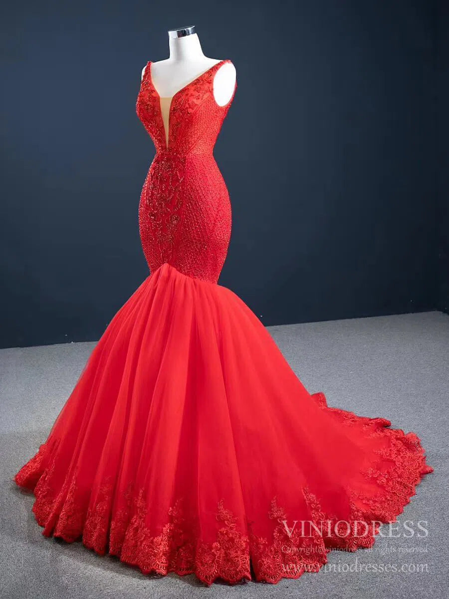 Prom Dress 2025 Beaded Red Mermaid Prom Dresses Plunging V-neck Formal Dress 67151 viniodress-unique prom dresses-Red-Custom Size-Viniodress