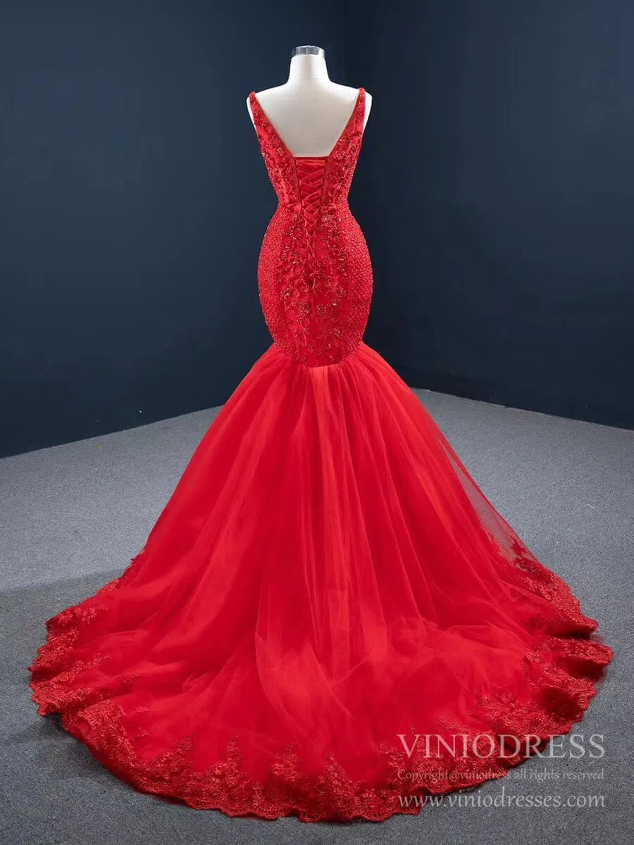 Prom Dress 2025 Beaded Red Mermaid Prom Dresses Plunging V-neck Formal Dress 67151 viniodress-unique prom dresses-Red-Custom Size-Viniodress