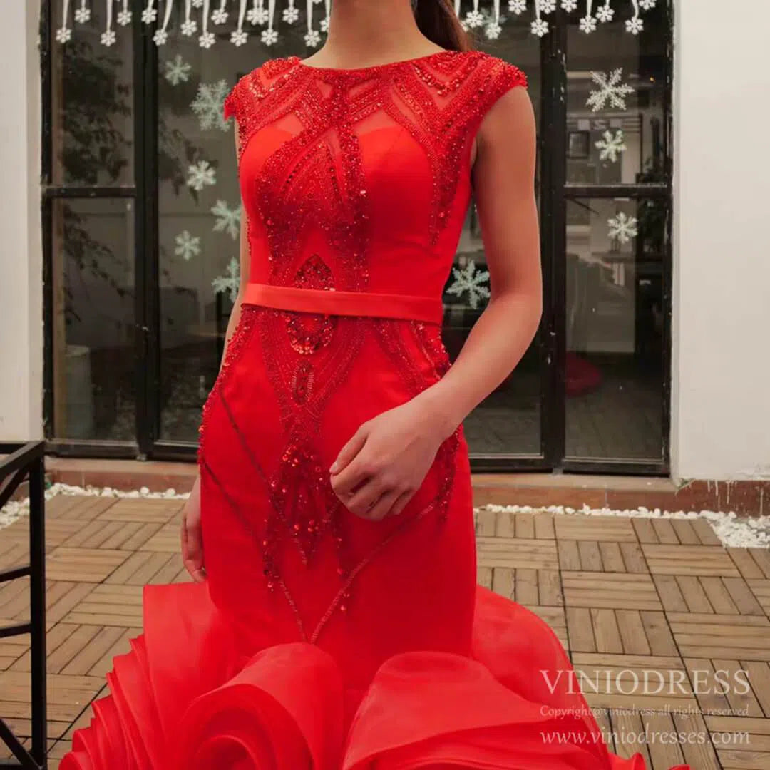 Prom Dress 2025 Beaded Red Mermaid Wedding Dresses Open Back Cap Sleeve Pageant Dress FD1160-unique prom dresses-Red-Custom Size-Viniodress