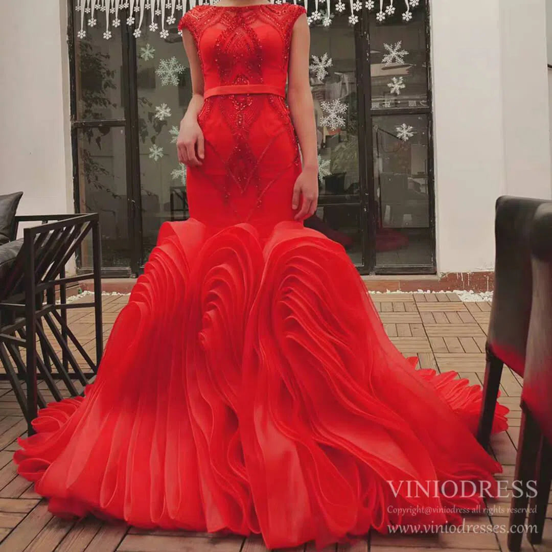 Prom Dress 2025 Beaded Red Mermaid Wedding Dresses Open Back Cap Sleeve Pageant Dress FD1160-unique prom dresses-Red-Custom Size-Viniodress