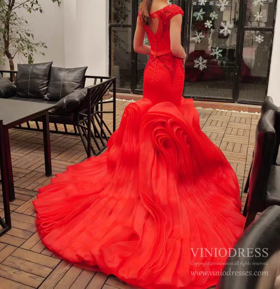 Prom Dress 2025 Beaded Red Mermaid Wedding Dresses Open Back Cap Sleeve Pageant Dress FD1160-unique prom dresses-Red-Custom Size-Viniodress