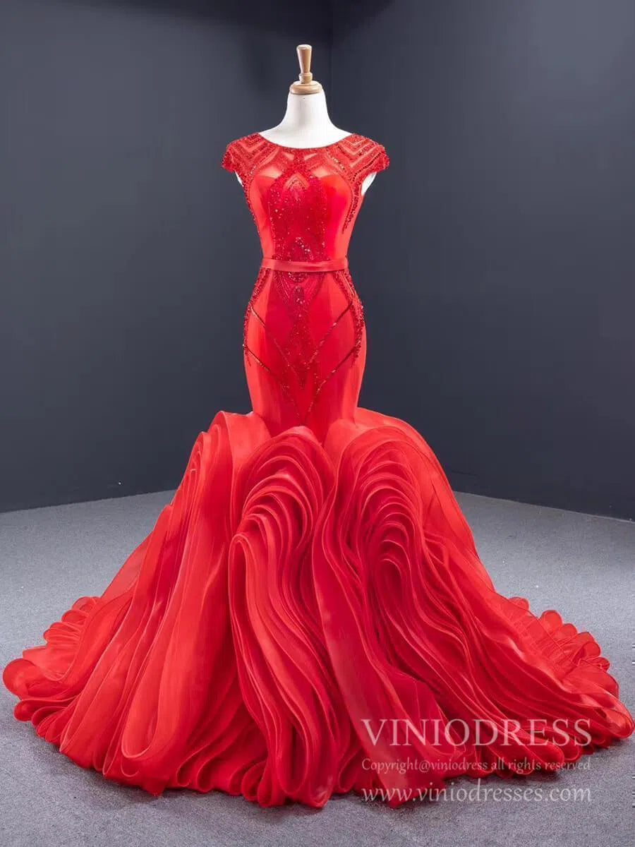 Prom Dress 2025 Beaded Red Mermaid Wedding Dresses Open Back Cap Sleeve Pageant Dress FD1160-unique prom dresses-Red-Custom Size-Viniodress