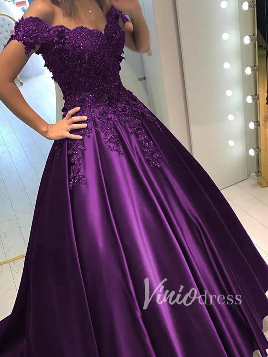 Prom Dress 2025 Beaded Satin Ball Gown Prom Dresses Long FD1492-unique prom dresses-Navy Blue-Custom Size-Viniodress