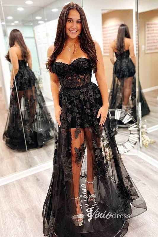 Prom Dress 2025 Black 3D Floral Prom Dresses 2024 Strapless White Wedding Dress FD3272-unique prom dresses-Black-Custom Size-Viniodress