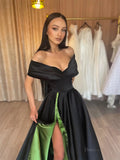 prom dresses 2025-to impress Black and Green Satin Prom Dresses 2025 Off the Shoulder Formal Gown with High Slit FD5258-plus size wedding dresses Viniodress-Black-Custom Size-