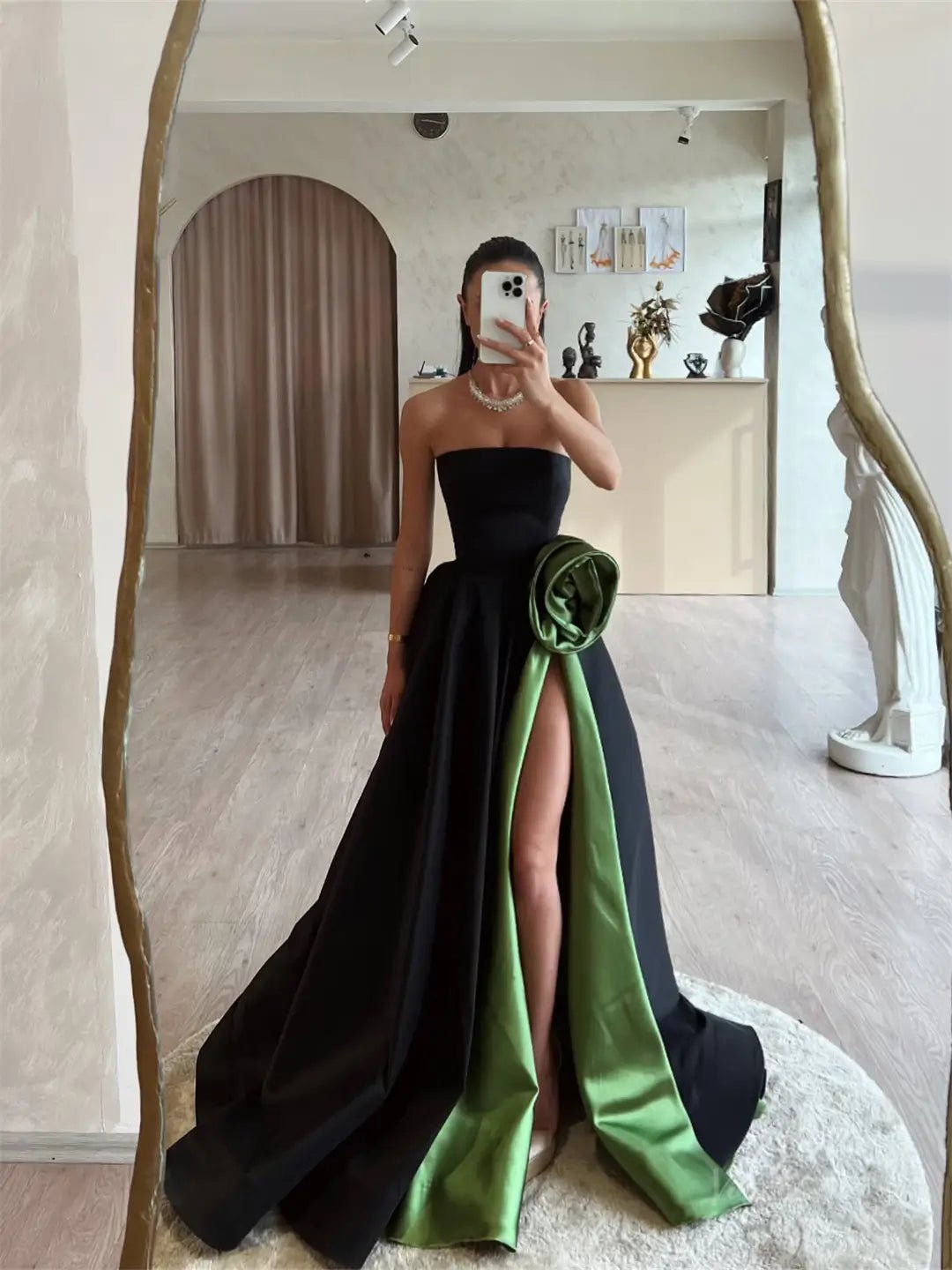 Black and Green Satin Prom Dresses 2025 Strapless Formal Dress with 3D Flower & High Slit FD5240 - Viniodressprom dressesBlackCustom Size - Formal Dresses - Ball Gowns