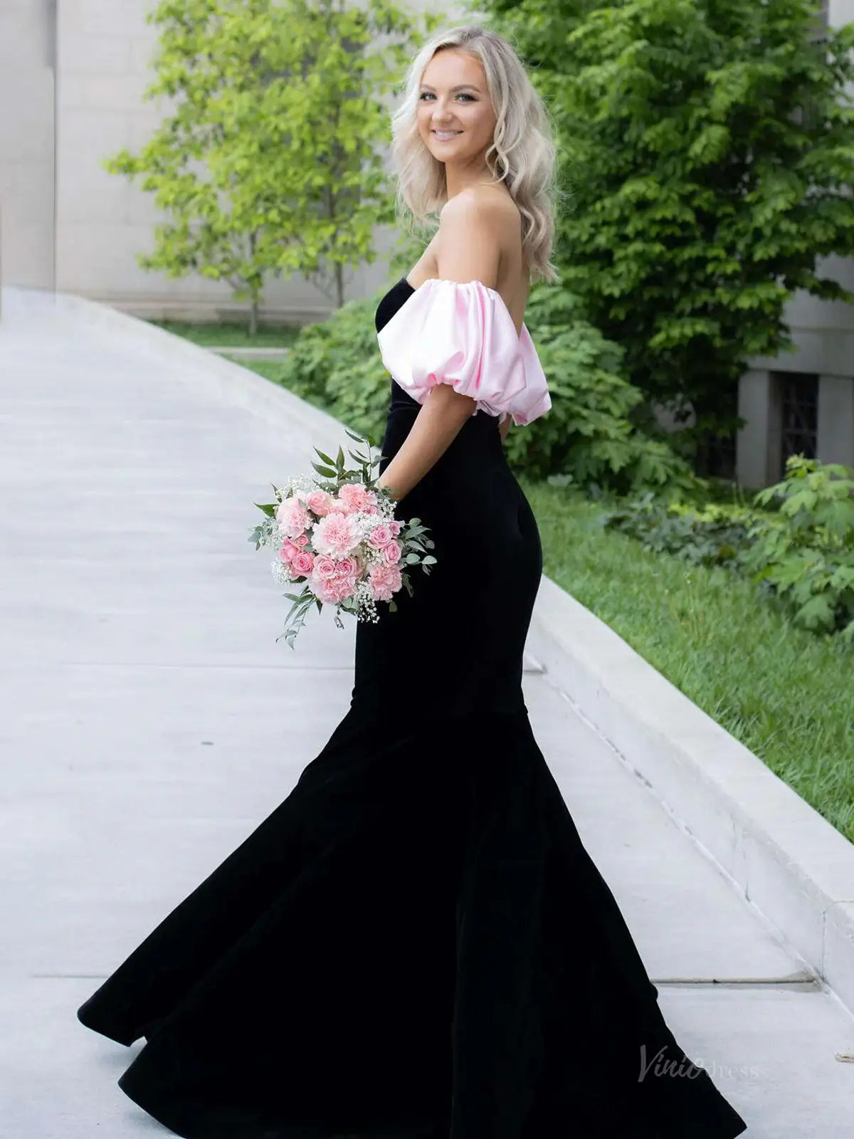 prom dresses 2025 Black and Pink Velvet Mermaid Prom Dresses 2025 with Puffed Sleeve – FD5080-plus size wedding dresses Viniodress-Black-Custom Size-