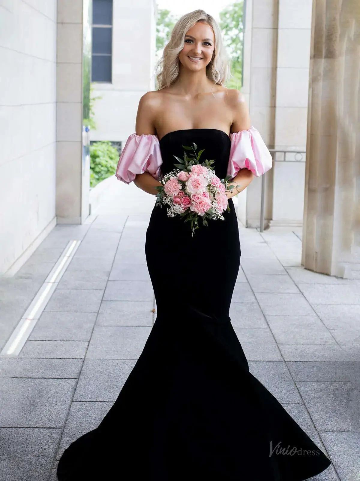 prom dresses 2025 Black and Pink Velvet Mermaid Prom Dresses 2025 with Puffed Sleeve – FD5080-plus size wedding dresses Viniodress-Black-Custom Size-