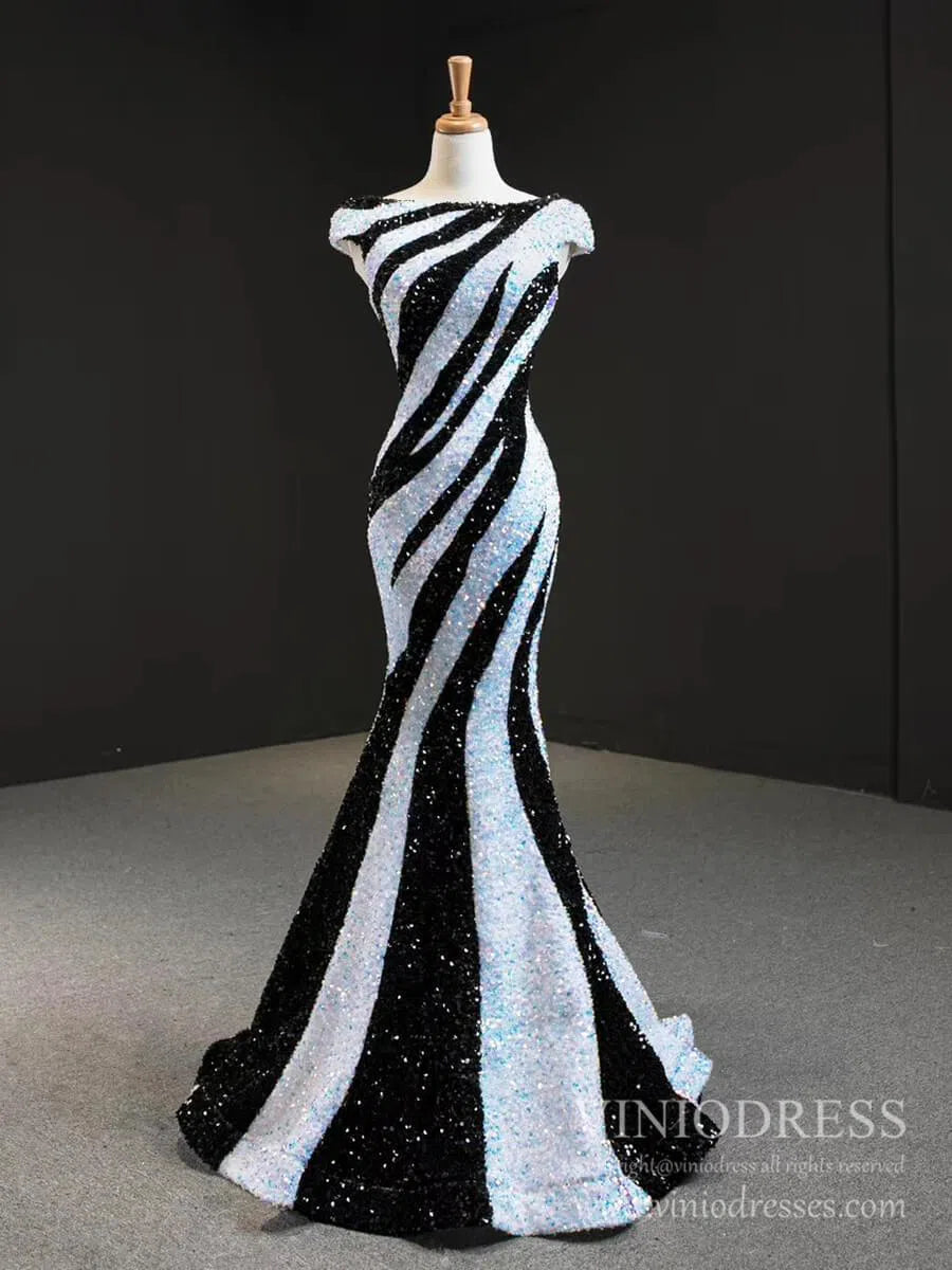 Prom Dress 2025 Black and White Mermaid Sequin Pageant Dresses Formal Gowns FD2400 viniodress-unique prom dresses-Black White-US 2-Viniodress