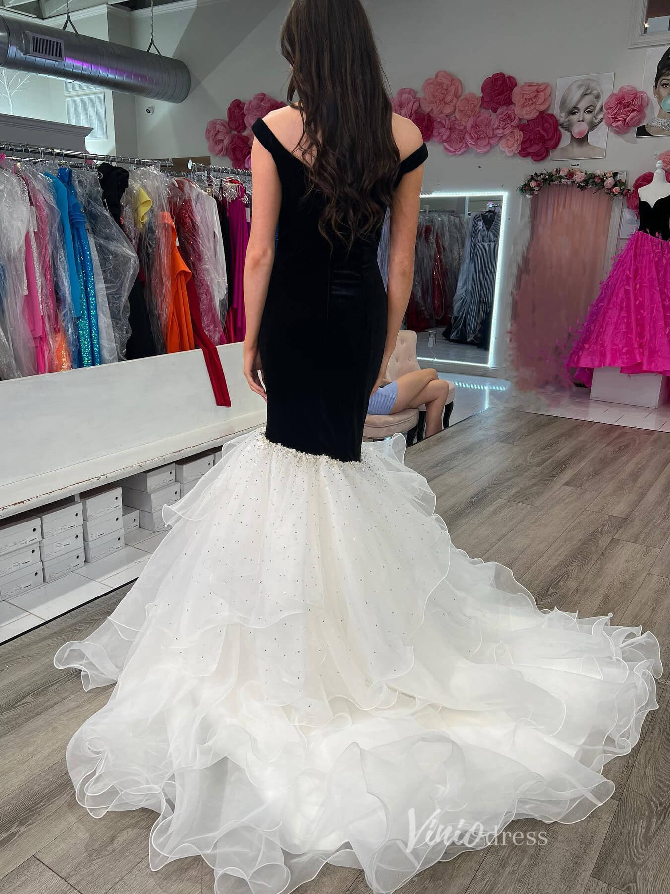 Prom Dress 2025 Black and White Velvet Mermaid Prom Dresses Ruffled Off the Shoulder Formal Gown FD4064-unique prom dresses-Black-Custom Size-Viniodress