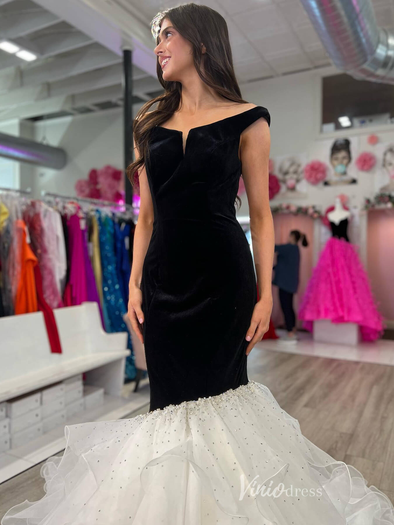 Prom Dress 2025 Black and White Velvet Mermaid Prom Dresses Ruffled Off the Shoulder Formal Gown FD4064-unique prom dresses-Black-Custom Size-Viniodress